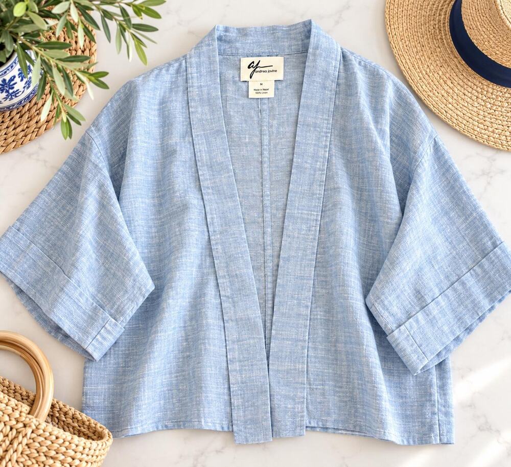 Andrea Jovine Blue Linen Kimono Jacket: Open-Front, Coastal Summer Layer M
